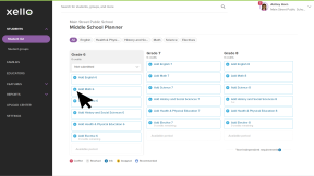 The Course Planner tab on a student's profile in Xello. The cursor is clicking Add Math 6 to view the math courses in 6th grade.